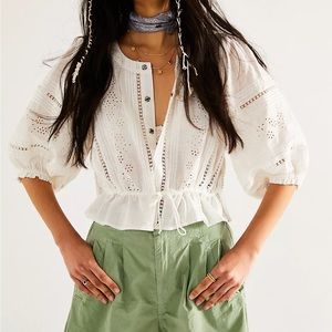 Free People Daisy Chain Lace-Trim Peasant Top